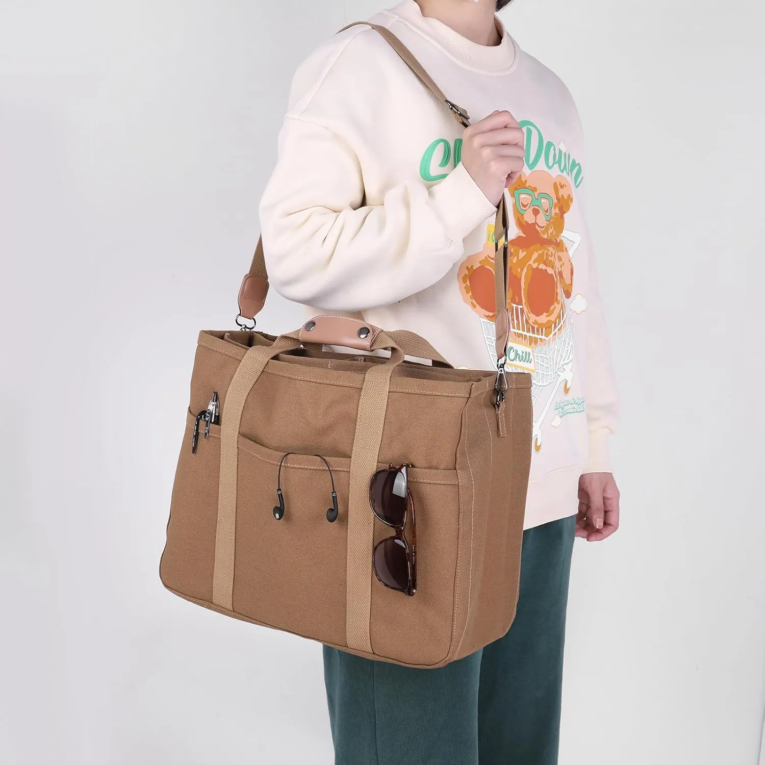 Canvas Tote With Multi Pockets for Women - Handbag, Mommy Bag, Casual Shoulder Crossbody With Compartments