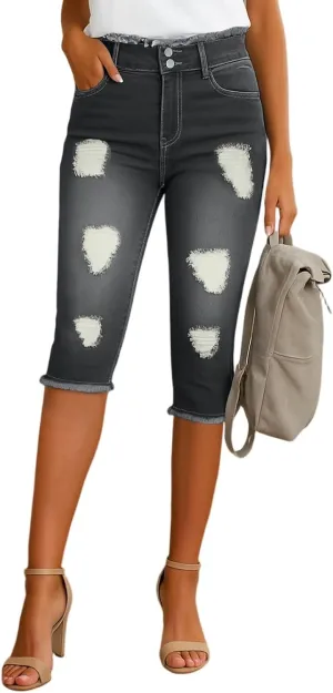 Capri Jeans for Women Stretch High Waisted Distressed Denim Capris Light Wash Ripped Skinny Cropped Jeans Streetwear