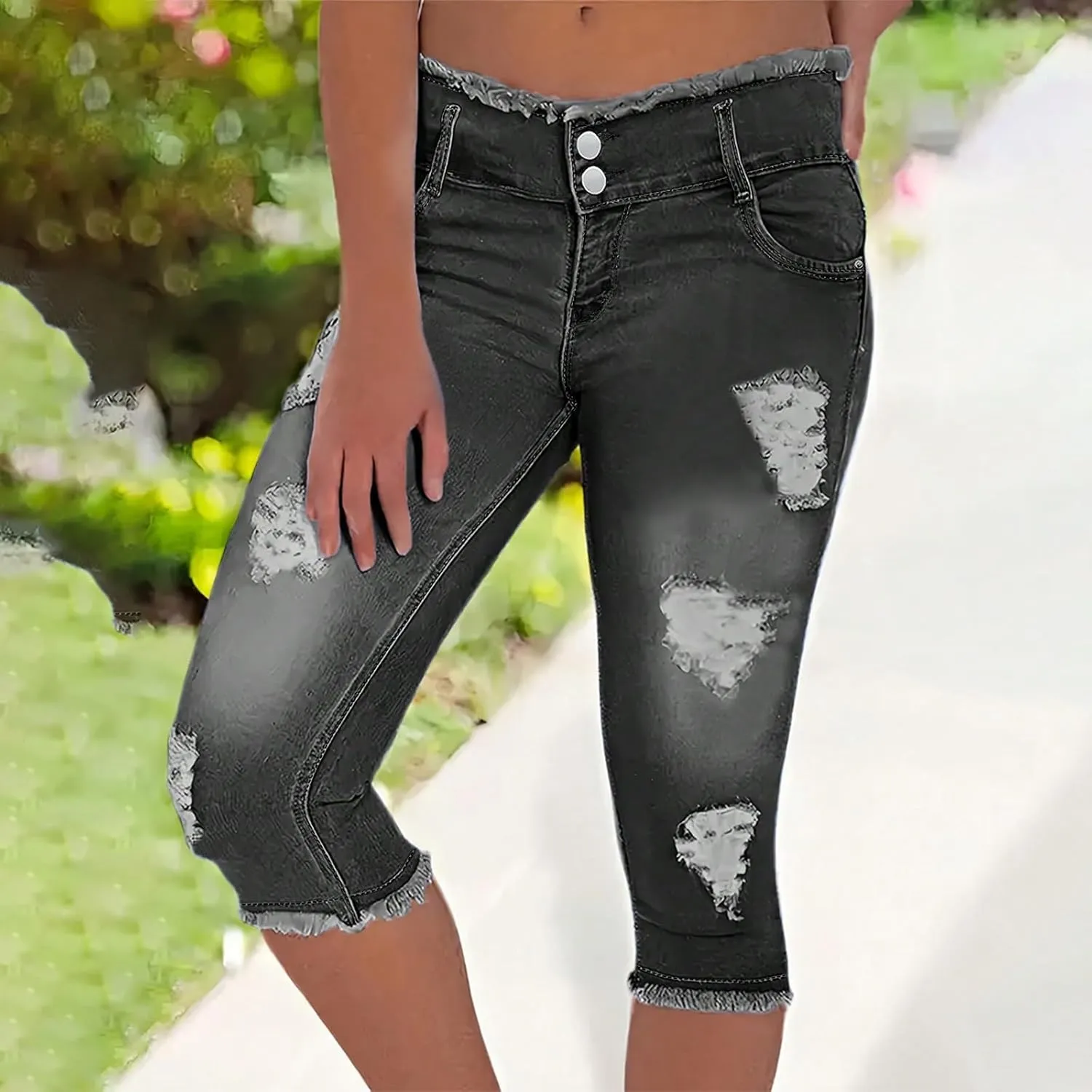 Capri Jeans for Women Stretch High Waisted Distressed Denim Capris Light Wash Ripped Skinny Cropped Jeans Streetwear