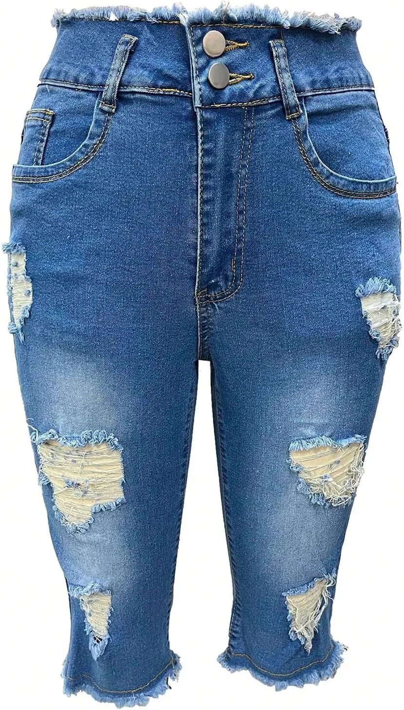 Capri Jeans for Women Stretch High Waisted Distressed Denim Capris Light Wash Ripped Skinny Cropped Jeans Streetwear