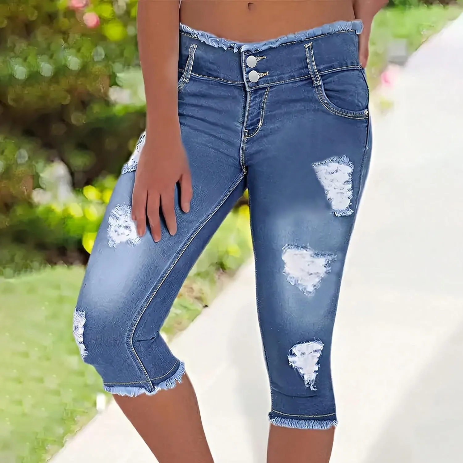 Capri Jeans for Women Stretch High Waisted Distressed Denim Capris Light Wash Ripped Skinny Cropped Jeans Streetwear