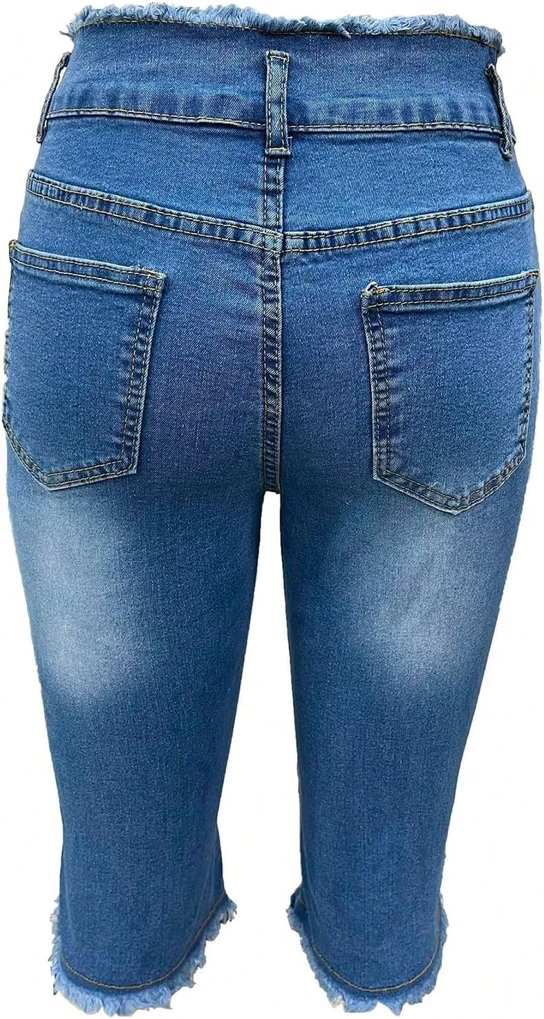 Capri Jeans for Women Stretch High Waisted Distressed Denim Capris Light Wash Ripped Skinny Cropped Jeans Streetwear