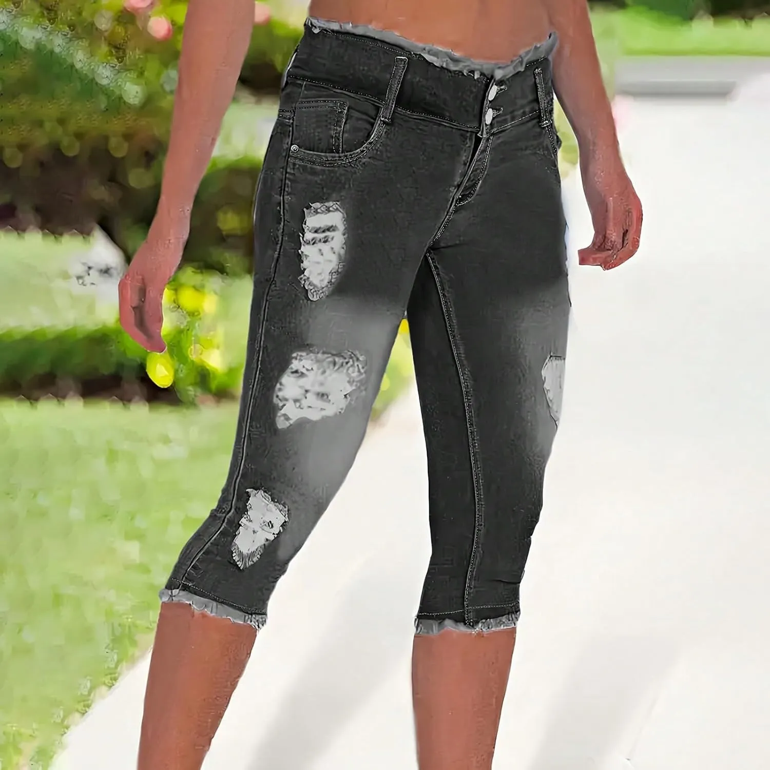 Capri Jeans for Women Stretch High Waisted Distressed Denim Capris Light Wash Ripped Skinny Cropped Jeans Streetwear