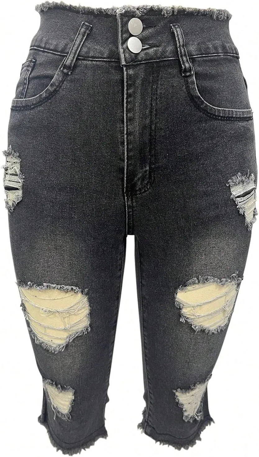 Capri Jeans for Women Stretch High Waisted Distressed Denim Capris Light Wash Ripped Skinny Cropped Jeans Streetwear