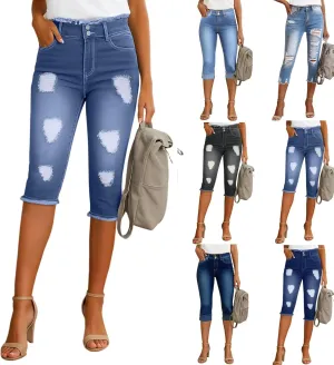 Capri Jeans for Women Stretch High Waisted Distressed Denim Capris Light Wash Ripped Skinny Cropped Jeans Streetwear