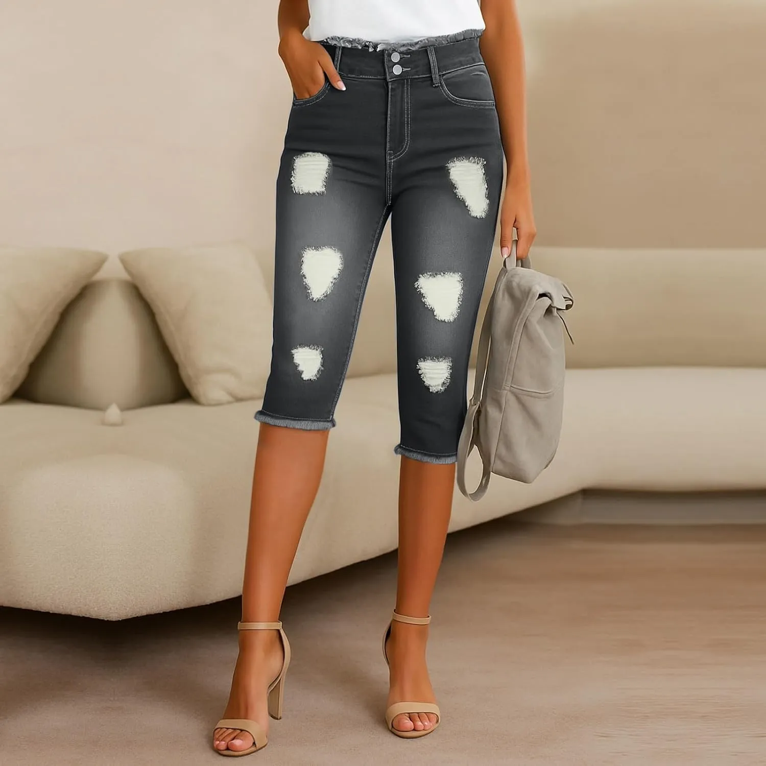 Capri Jeans for Women Stretch High Waisted Distressed Denim Capris Light Wash Ripped Skinny Cropped Jeans Streetwear