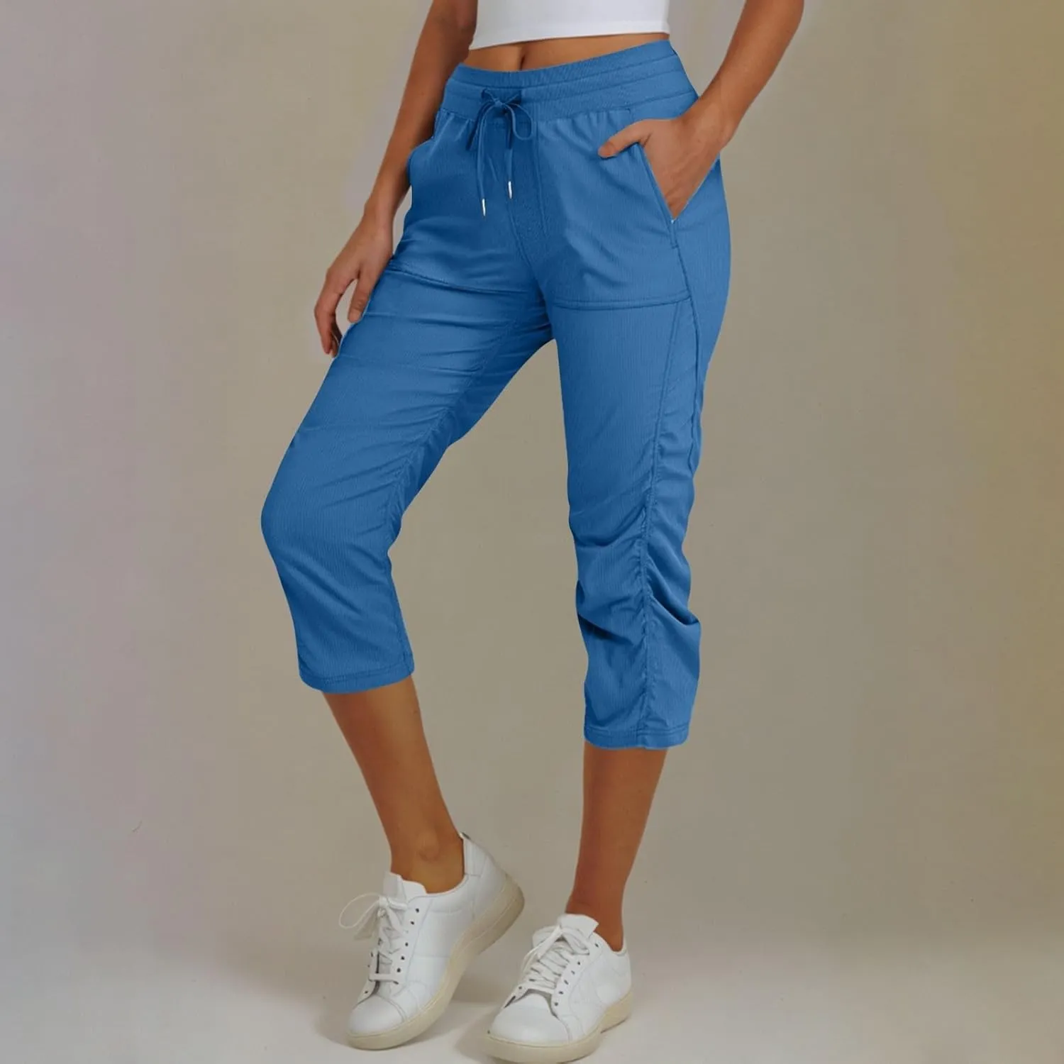 Capri Pants for Women Lightweight Hiking Pants Comfy Outdoor Running Pants Drawstring Ruched Crop Pants with Pockets