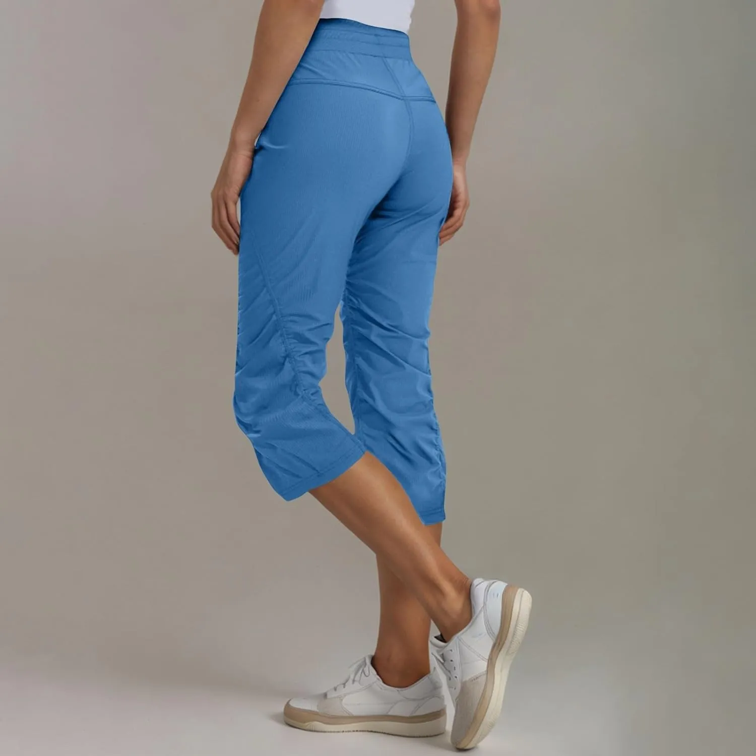 Capri Pants for Women Lightweight Hiking Pants Comfy Outdoor Running Pants Drawstring Ruched Crop Pants with Pockets