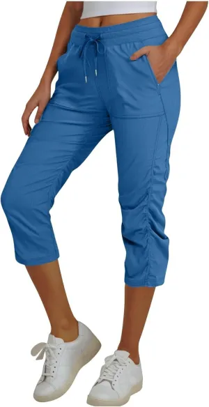 Capri Pants for Women Lightweight Hiking Pants Comfy Outdoor Running Pants Drawstring Ruched Crop Pants with Pockets
