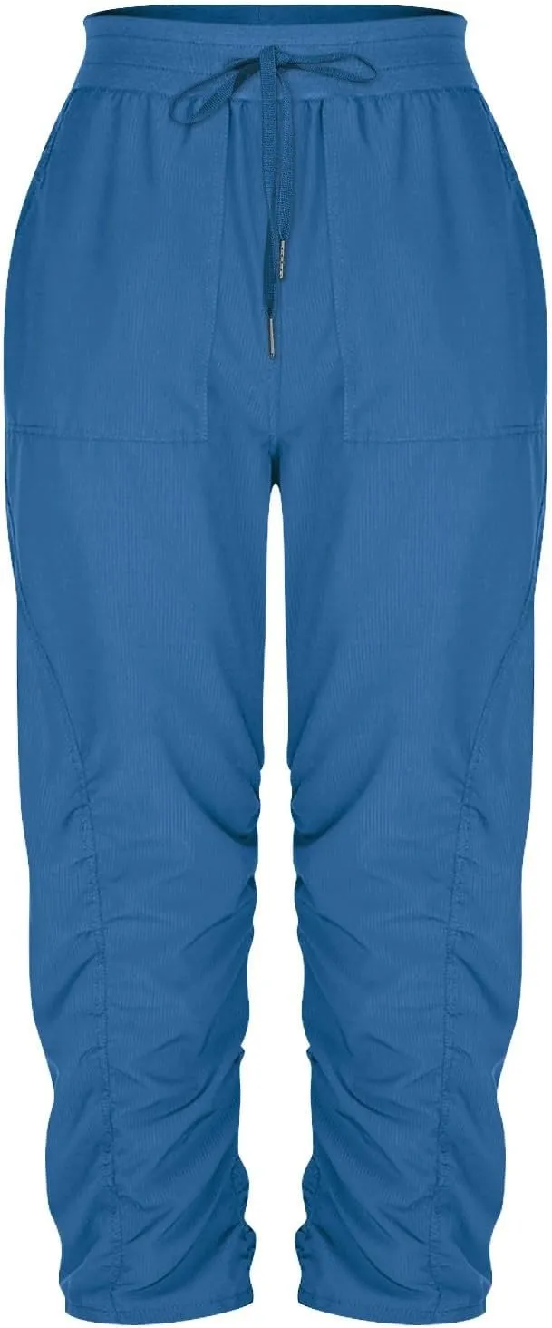 Capri Pants for Women Lightweight Hiking Pants Comfy Outdoor Running Pants Drawstring Ruched Crop Pants with Pockets