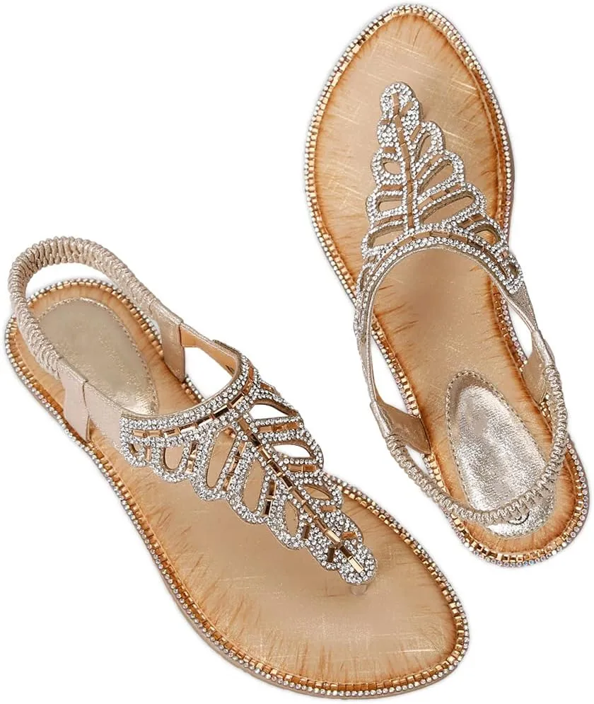 CARETOO Women's Bohemia Flat Sandals, Ladies Summer Beach T-Strap Flip Flop Sparkling Rhinestone Walking Shoes Casual
