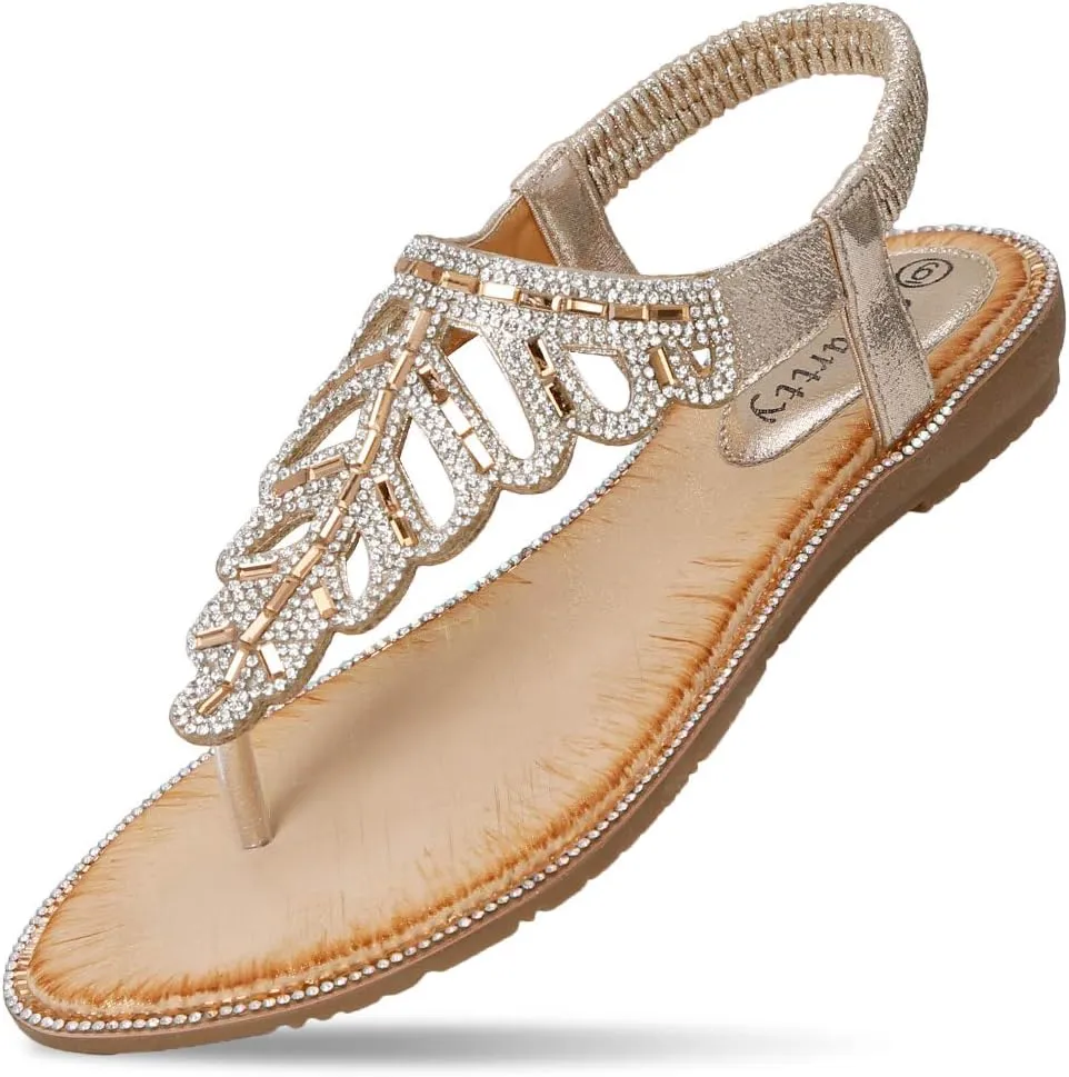 CARETOO Women's Bohemia Flat Sandals, Ladies Summer Beach T-Strap Flip Flop Sparkling Rhinestone Walking Shoes Casual