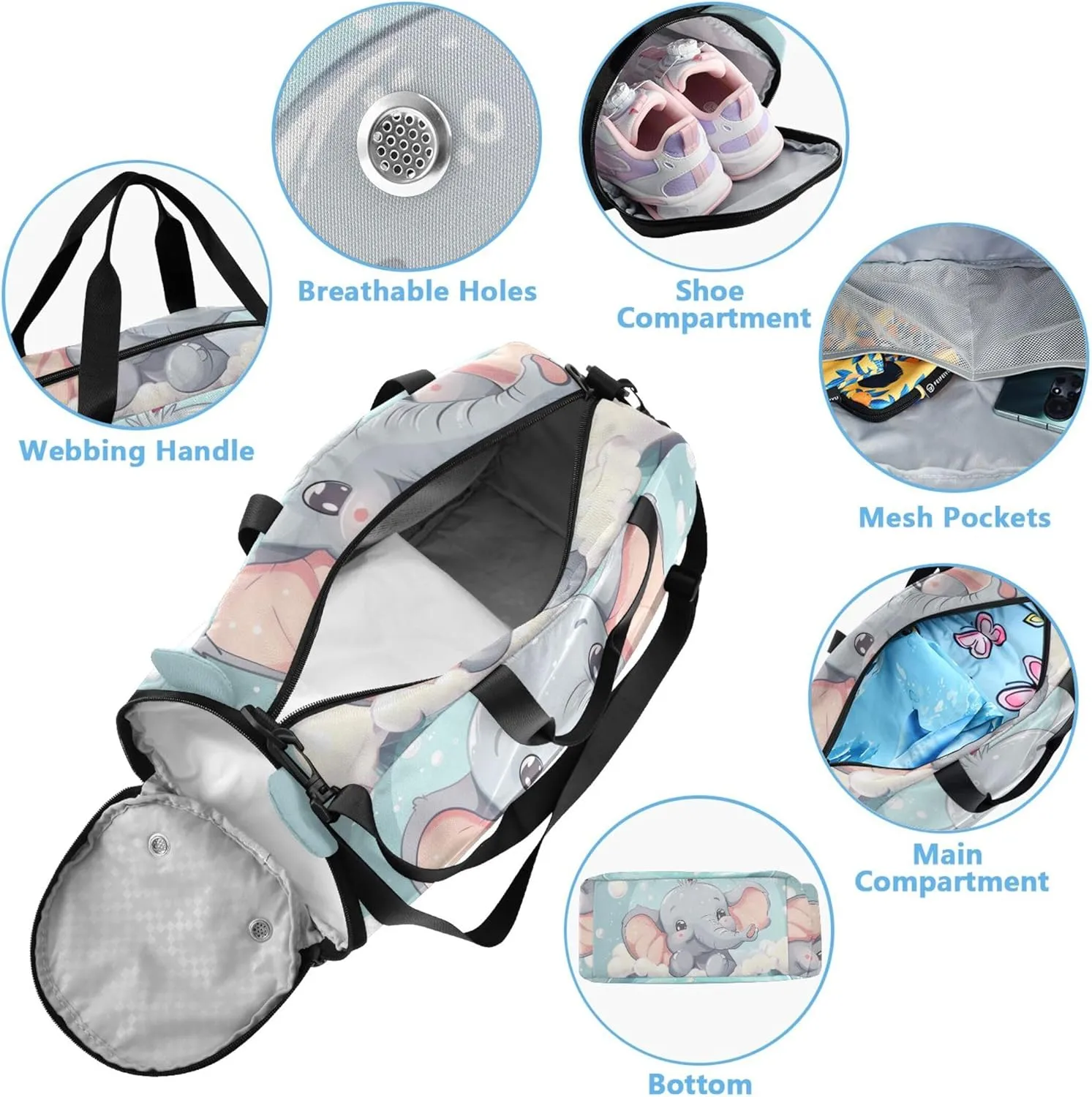Carry on Duffel Bag Boys Toddler Weekender Bags Cute Elephant Light Blue Travel Duffle Bags Girls Tote Kids Dance Duffle