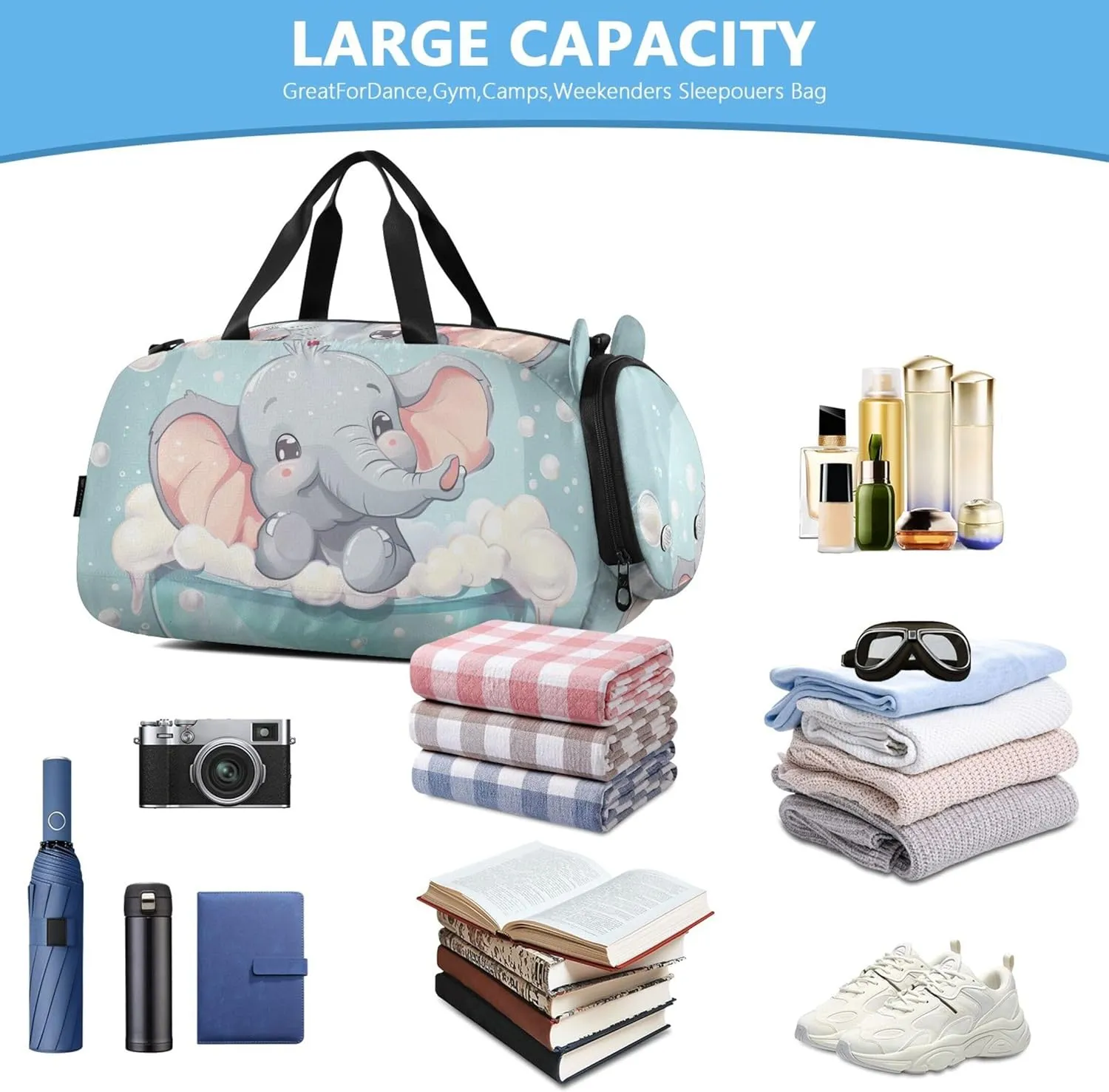 Carry on Duffel Bag Boys Toddler Weekender Bags Cute Elephant Light Blue Travel Duffle Bags Girls Tote Kids Dance Duffle