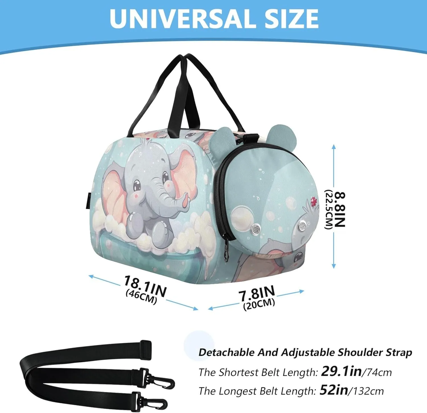 Carry on Duffel Bag Boys Toddler Weekender Bags Cute Elephant Light Blue Travel Duffle Bags Girls Tote Kids Dance Duffle