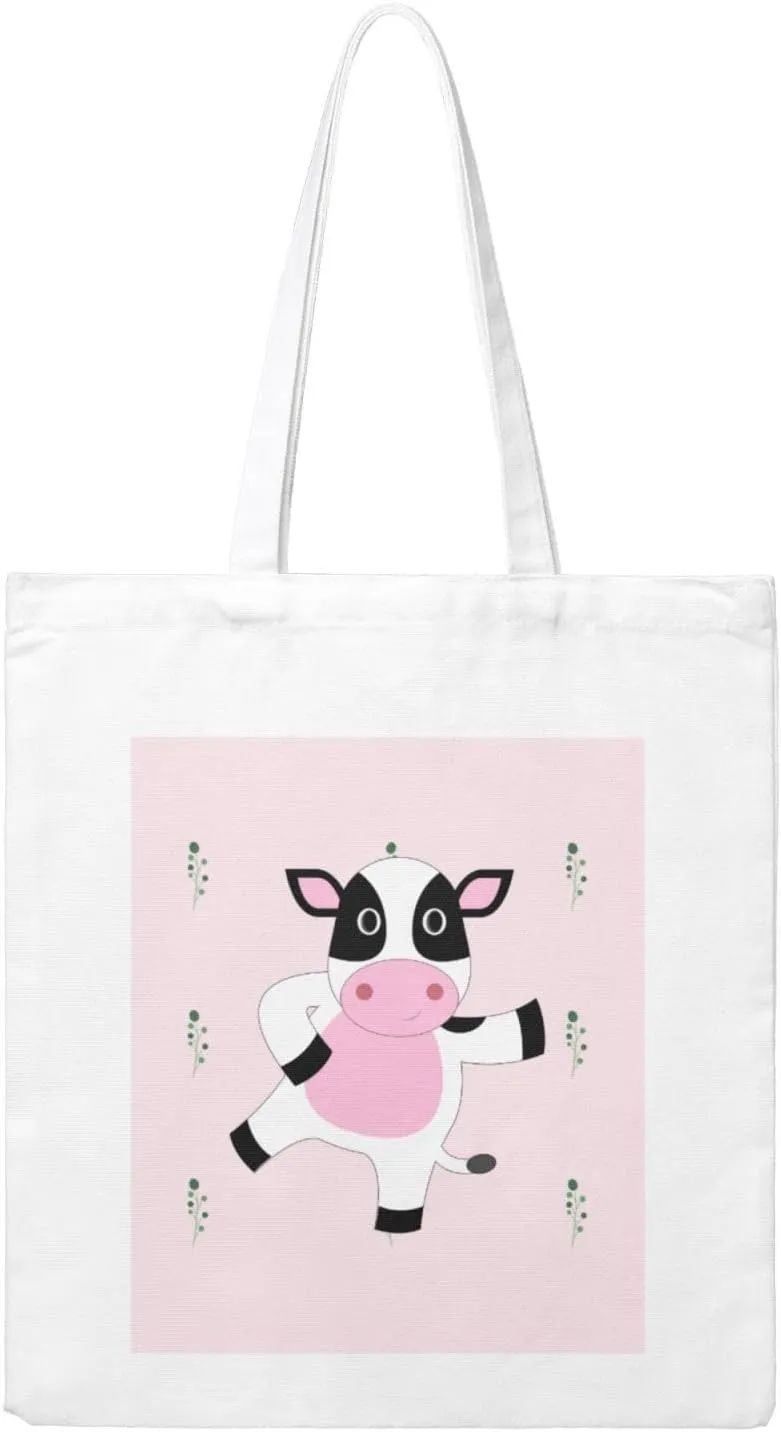 cartoon calf Heat Transfer Canvas Shopping Bag â€“ Reusable Tote Bag for Women - Personalized Picnic Beach Travel Bag, Beige, One Size