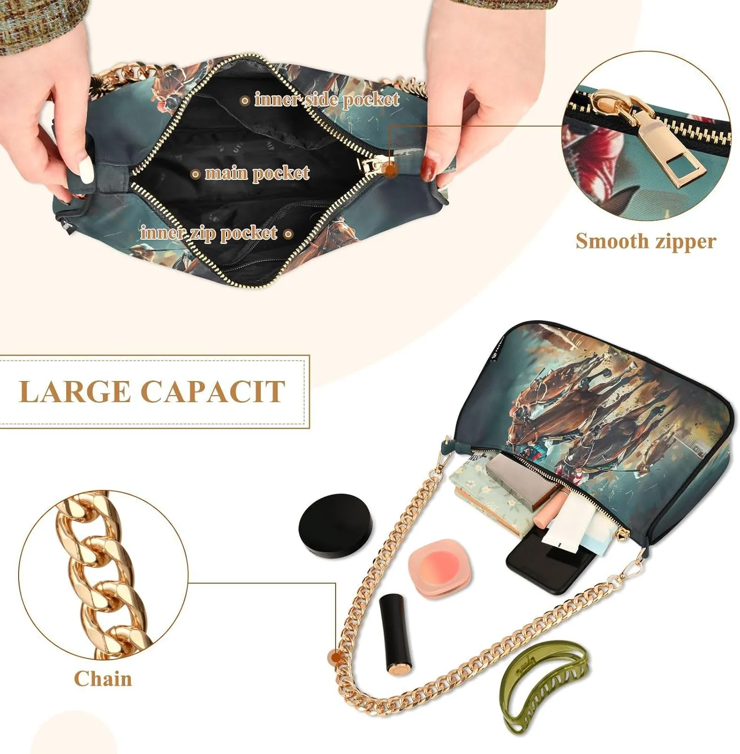 Chain Shoulder Bag Hobo Tote Handbag Mini Clutch Purse with Zipper Closure for Women