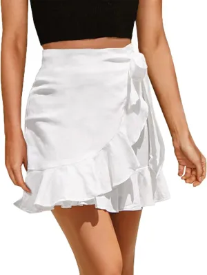 ChainJoy Womens High Waist Ruffle Hem Tie Wrap Skirt Summer Casual A Line Overlap Skirt