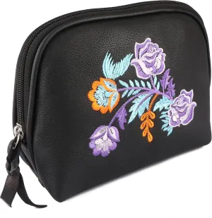 CHALLENGER Women's Black Leather Floral Embroidered Zippered Makeup Cosmetic Bag 18BT03BK
