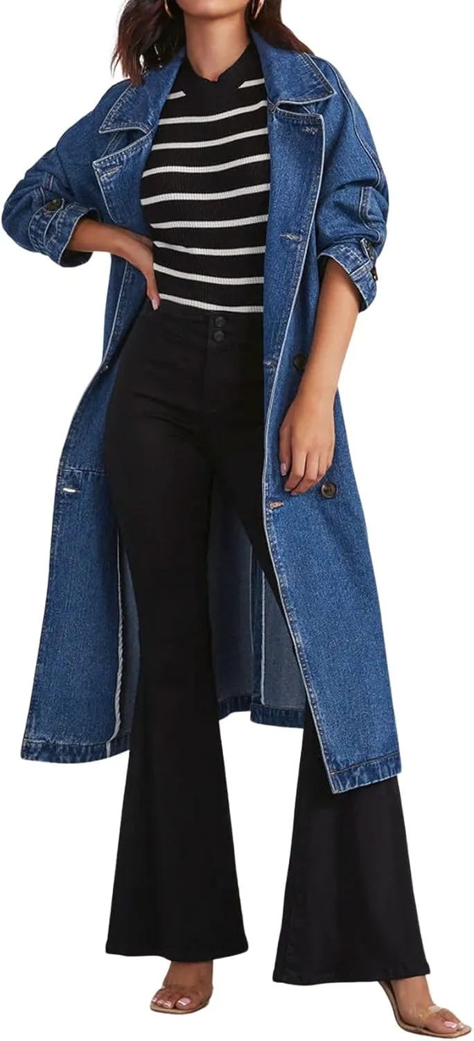 CHARTOU Women's Casual Double Breasted Long Denim Trench Coat Jean Jacket Trenchcoat with Belt Duster Coat