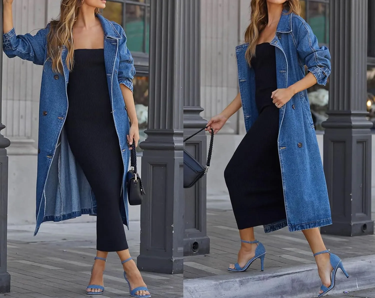 CHARTOU Women's Casual Double Breasted Long Denim Trench Coat Jean Jacket Trenchcoat with Belt Duster Coat