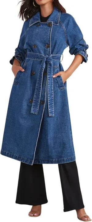 CHARTOU Women's Casual Double Breasted Long Denim Trench Coat Jean Jacket Trenchcoat with Belt Duster Coat
