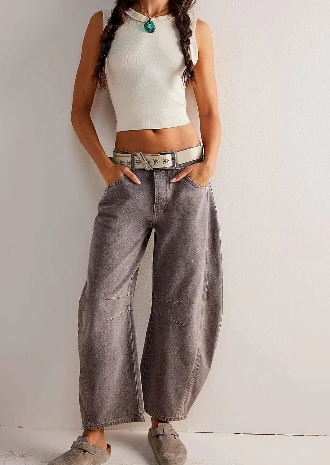 CHARTOU Women's Wide Leg Cropped Baggy Y2k Mid Rise Jeans - Boyfriend Harem Denim Pants