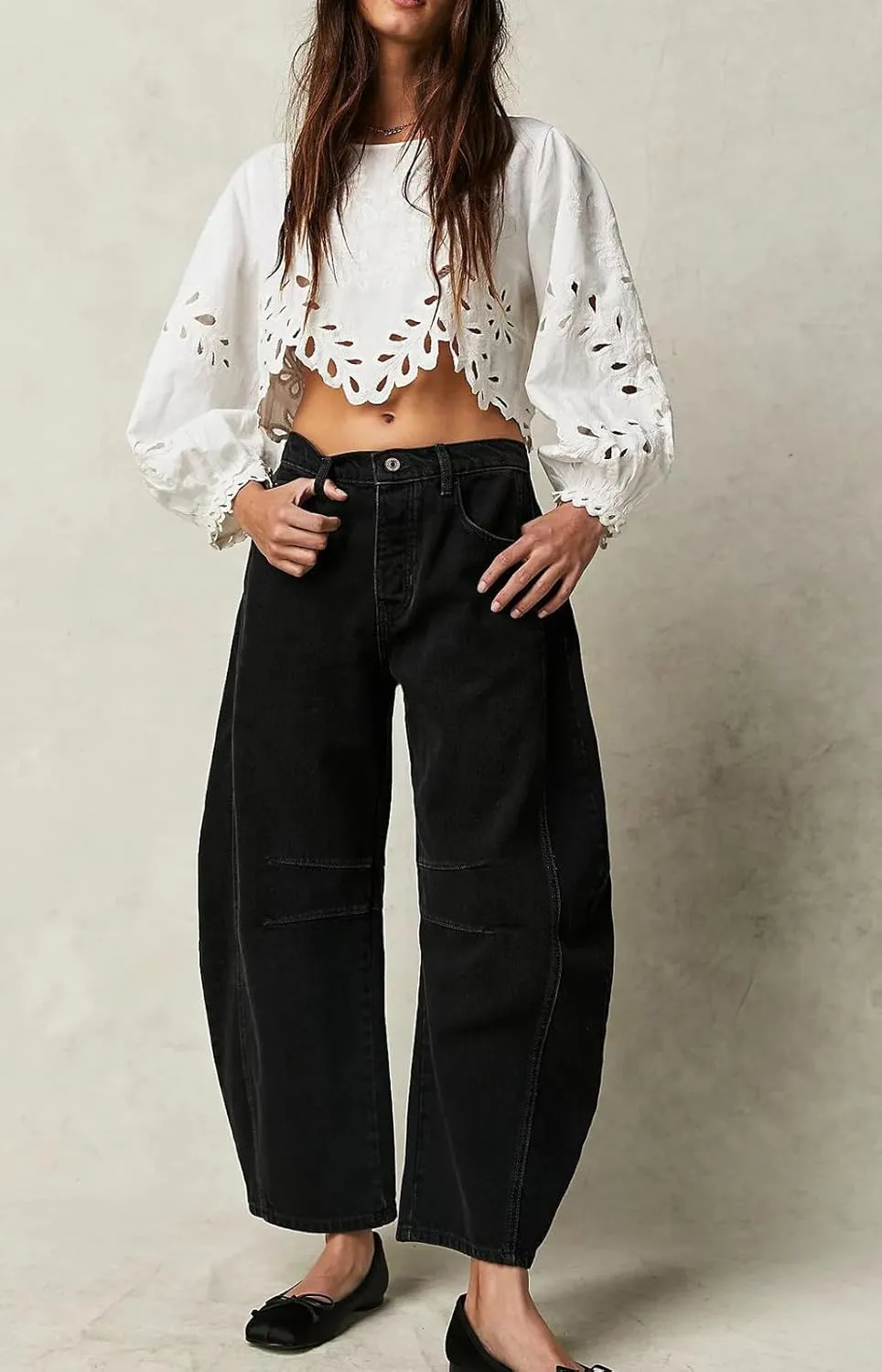 CHARTOU Women's Wide Leg Cropped Baggy Y2k Mid Rise Jeans - Boyfriend Harem Denim Pants