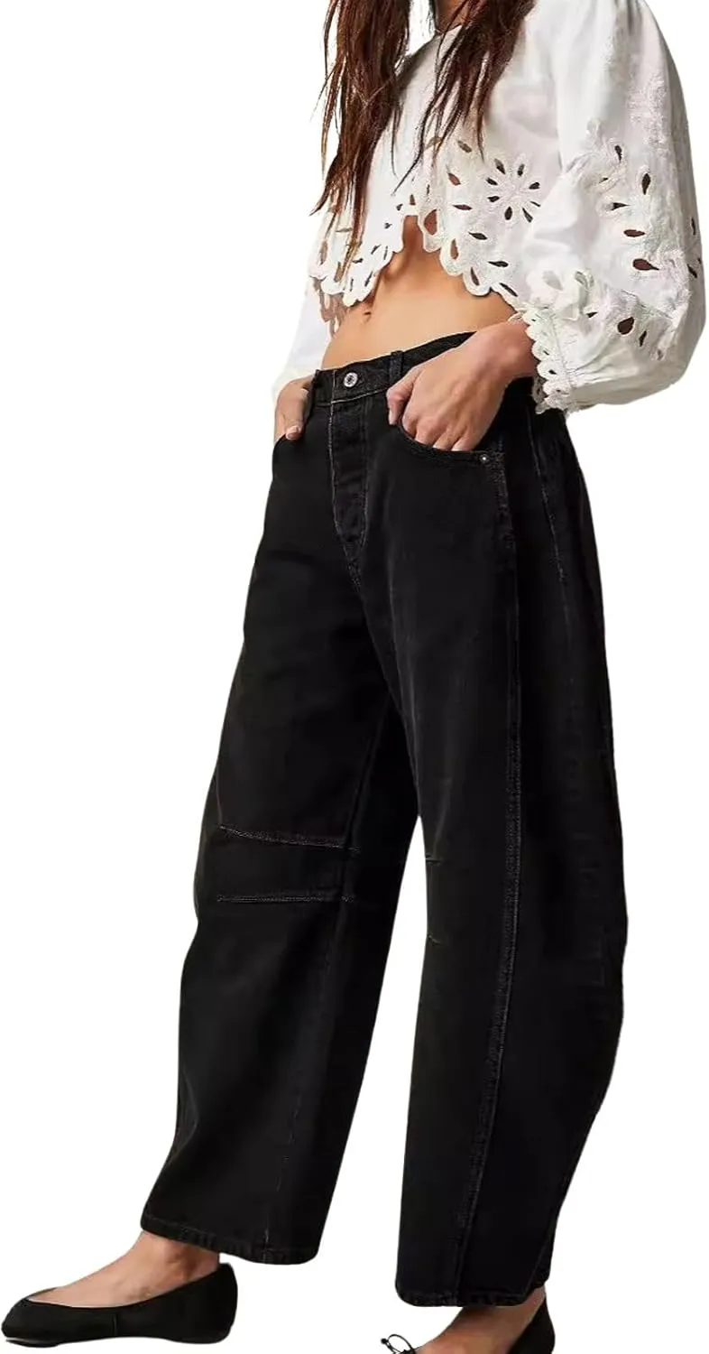 CHARTOU Women's Wide Leg Cropped Baggy Y2k Mid Rise Jeans - Boyfriend Harem Denim Pants