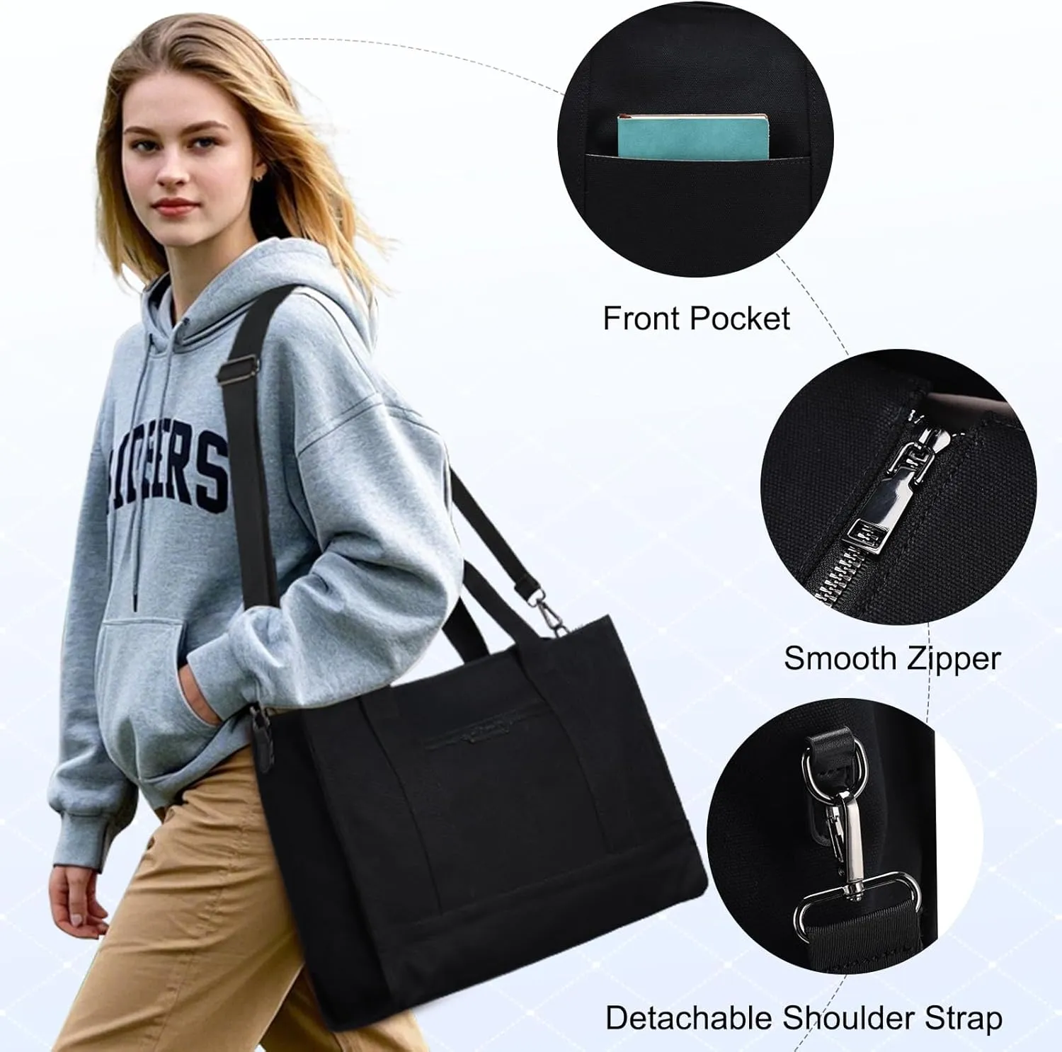 Chase Chic Canvas Tote Bag with Zipper for Women, Multi Pocket Shoulder Crossbody Handbag Bag with Compartments for Work