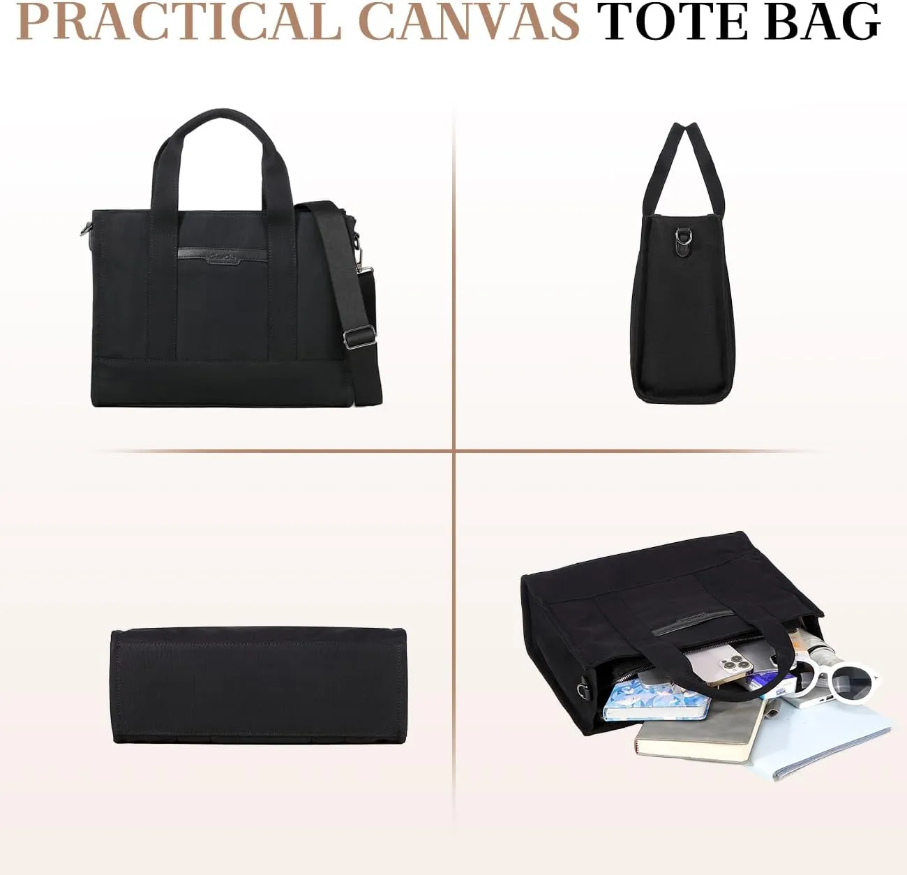 Chase Chic Canvas Tote Bag with Zipper for Women, Multi Pocket Shoulder Crossbody Handbag Bag with Compartments for Work