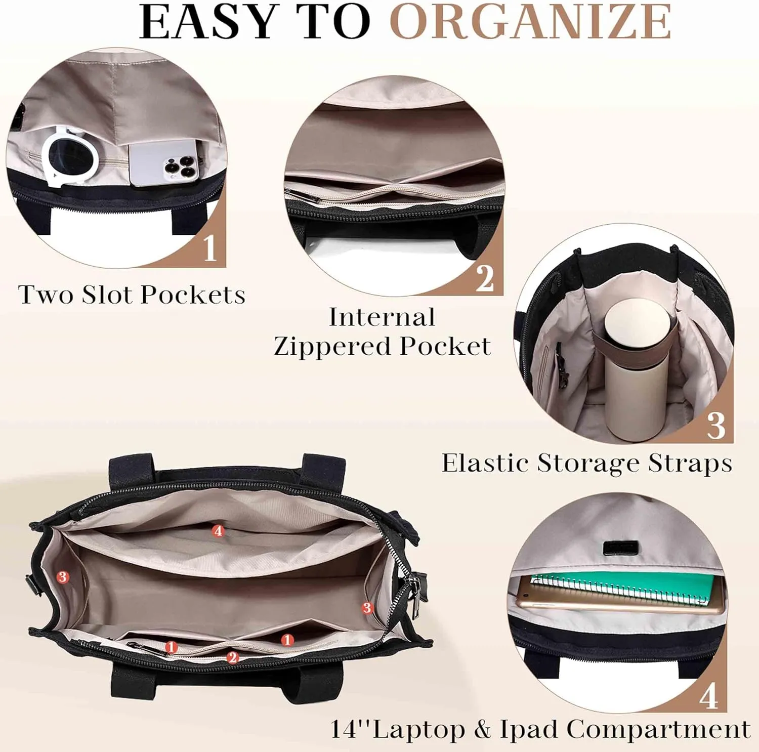 Chase Chic Canvas Tote Bag with Zipper for Women, Multi Pocket Shoulder Crossbody Handbag Bag with Compartments for Work