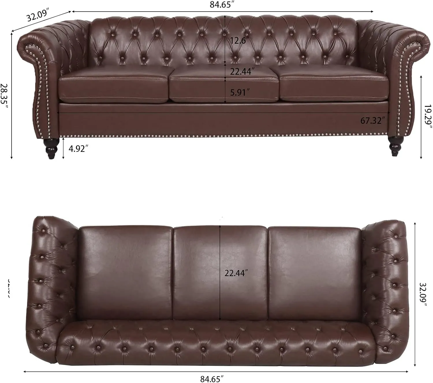 Chesterfield PU Leather Sofa, Upholstered PU Sofa with Tufted Back, Classic 3 Seater Leather Couch Rolled Arm for Living Room Office, Dark Brown