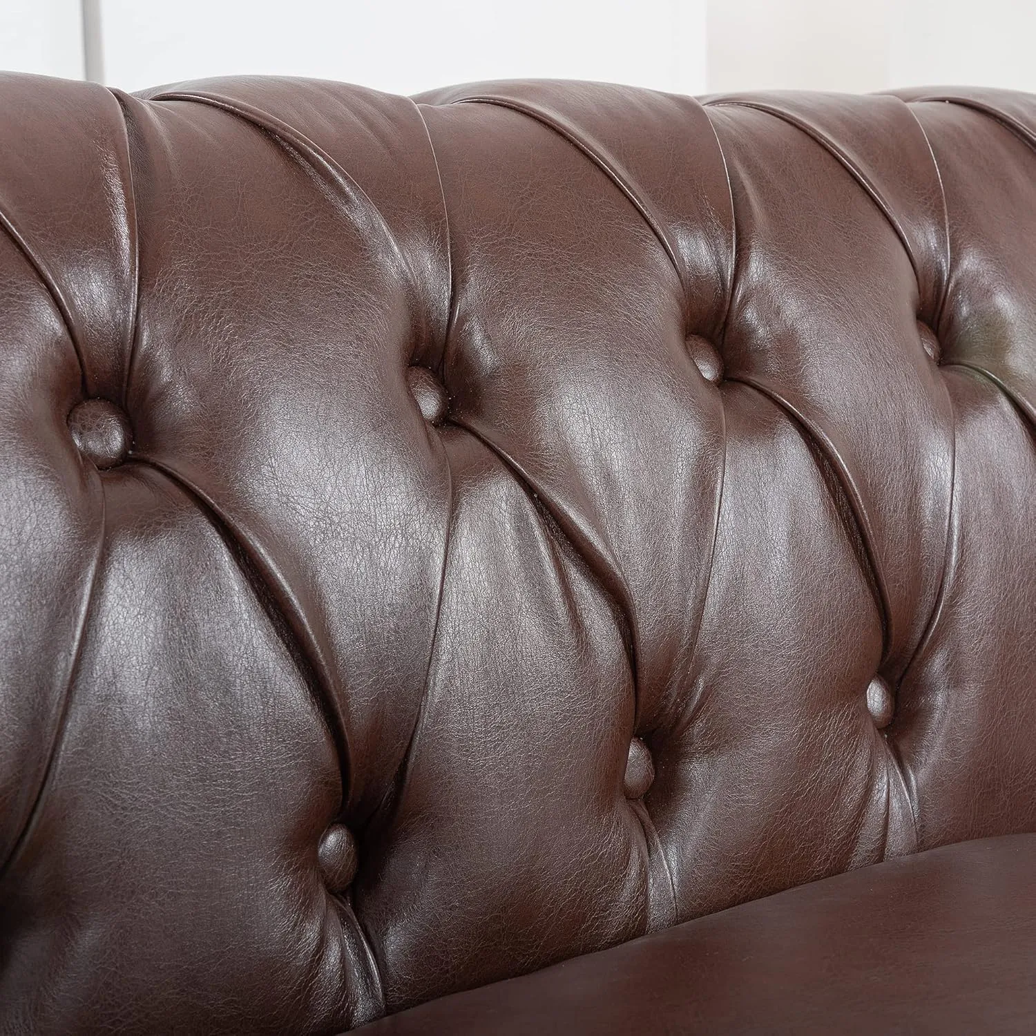 Chesterfield PU Leather Sofa, Upholstered PU Sofa with Tufted Back, Classic 3 Seater Leather Couch Rolled Arm for Living Room Office, Dark Brown
