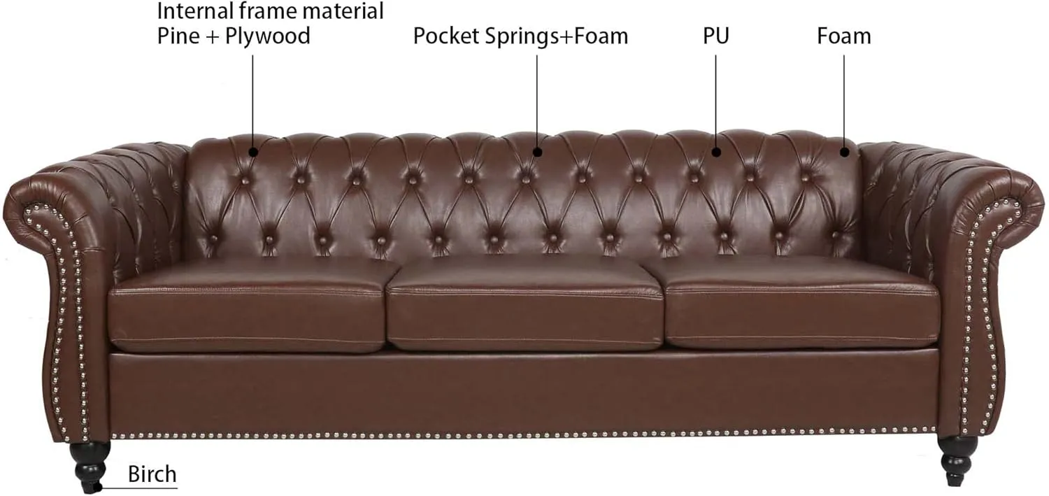 Chesterfield PU Leather Sofa, Upholstered PU Sofa with Tufted Back, Classic 3 Seater Leather Couch Rolled Arm for Living Room Office, Dark Brown