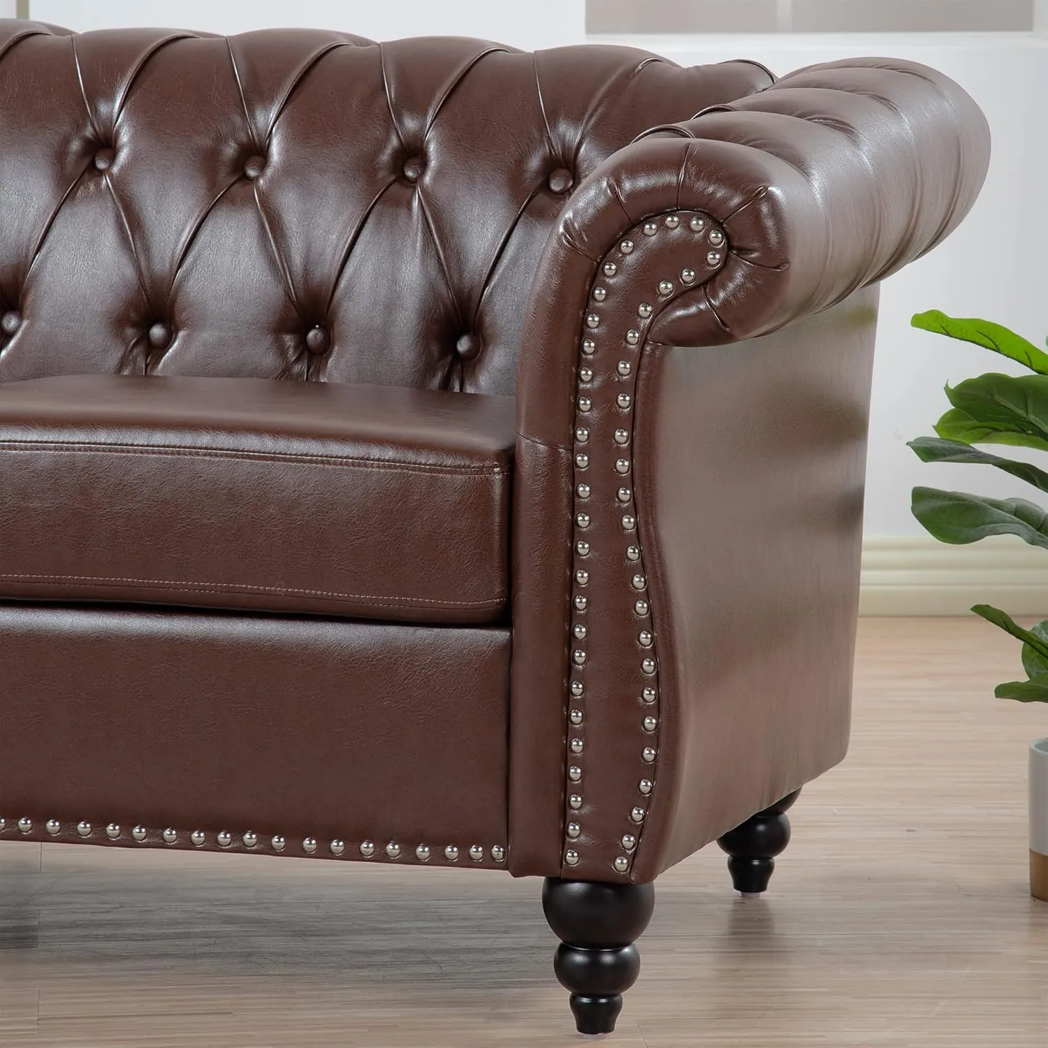 Chesterfield PU Leather Sofa, Upholstered PU Sofa with Tufted Back, Classic 3 Seater Leather Couch Rolled Arm for Living Room Office, Dark Brown