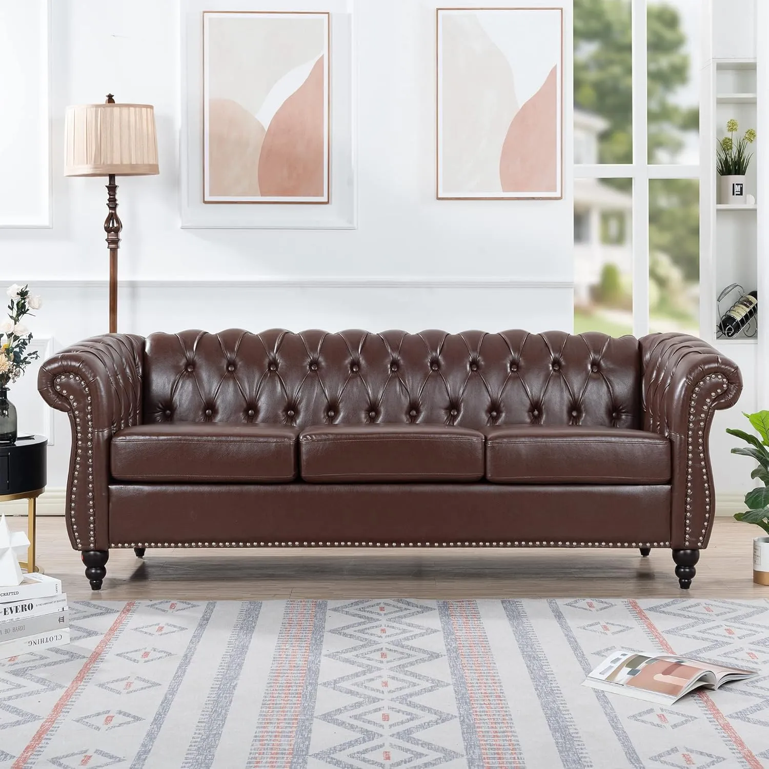 Chesterfield PU Leather Sofa, Upholstered PU Sofa with Tufted Back, Classic 3 Seater Leather Couch Rolled Arm for Living Room Office, Dark Brown