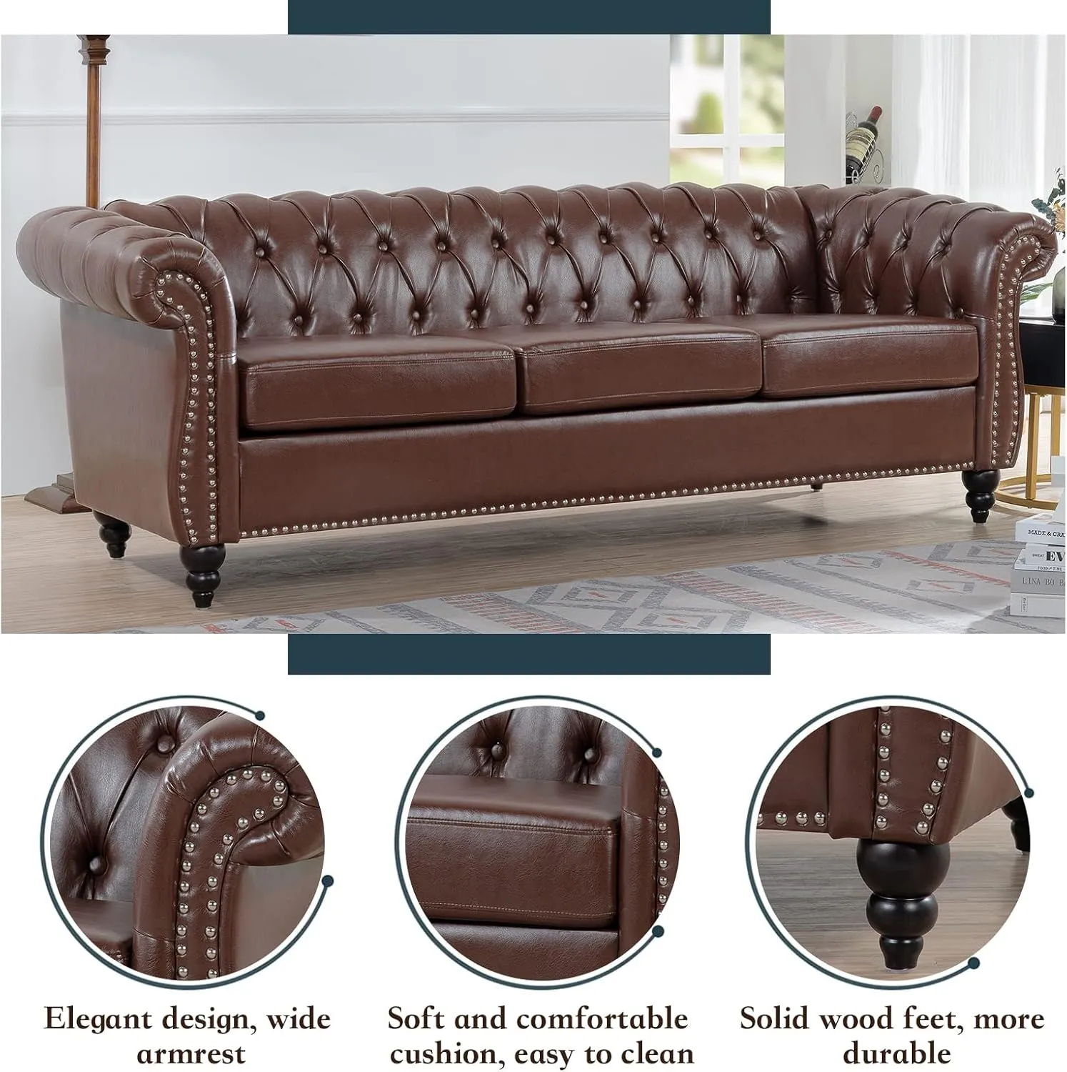Chesterfield PU Leather Sofa, Upholstered PU Sofa with Tufted Back, Classic 3 Seater Leather Couch Rolled Arm for Living Room Office, Dark Brown