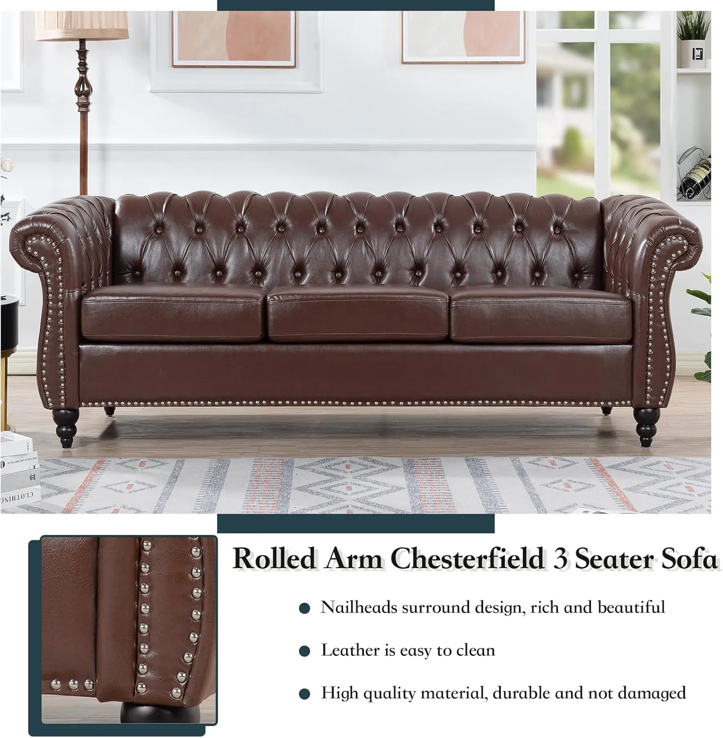Chesterfield PU Leather Sofa, Upholstered PU Sofa with Tufted Back, Classic 3 Seater Leather Couch Rolled Arm for Living Room Office, Dark Brown