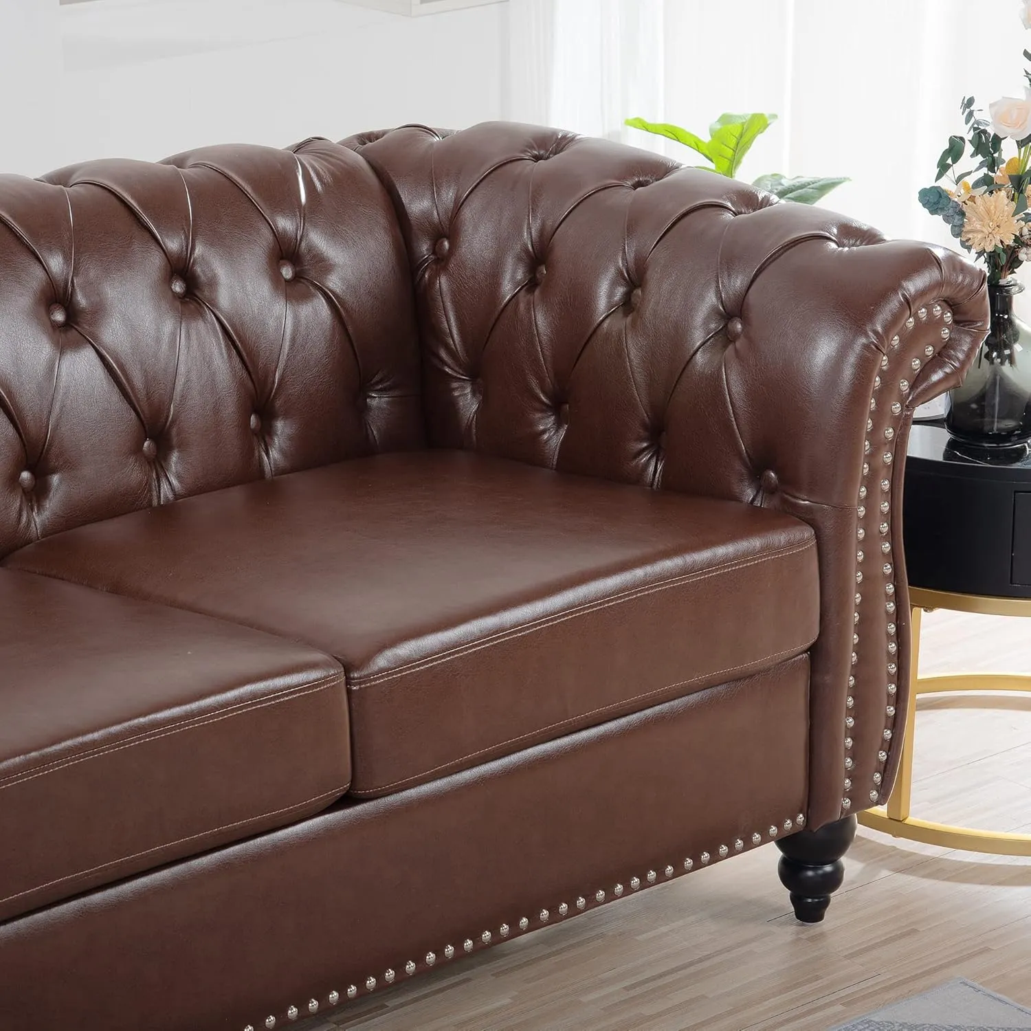 Chesterfield PU Leather Sofa, Upholstered PU Sofa with Tufted Back, Classic 3 Seater Leather Couch Rolled Arm for Living Room Office, Dark Brown