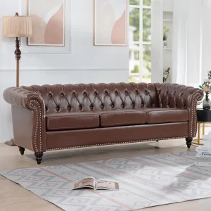 Chesterfield PU Leather Sofa, Upholstered PU Sofa with Tufted Back, Classic 3 Seater Leather Couch Rolled Arm for Living Room Office, Dark Brown