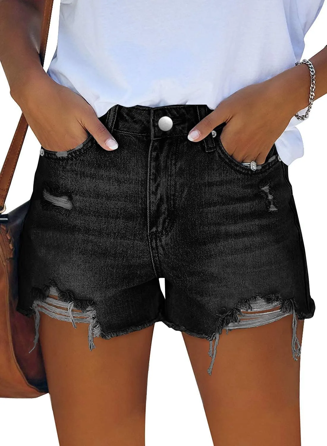 CHICZONE Womens Mid-High Waisted Ripped Denim Jean Shorts Cutoff Stretchy Summer Hot Short Pants