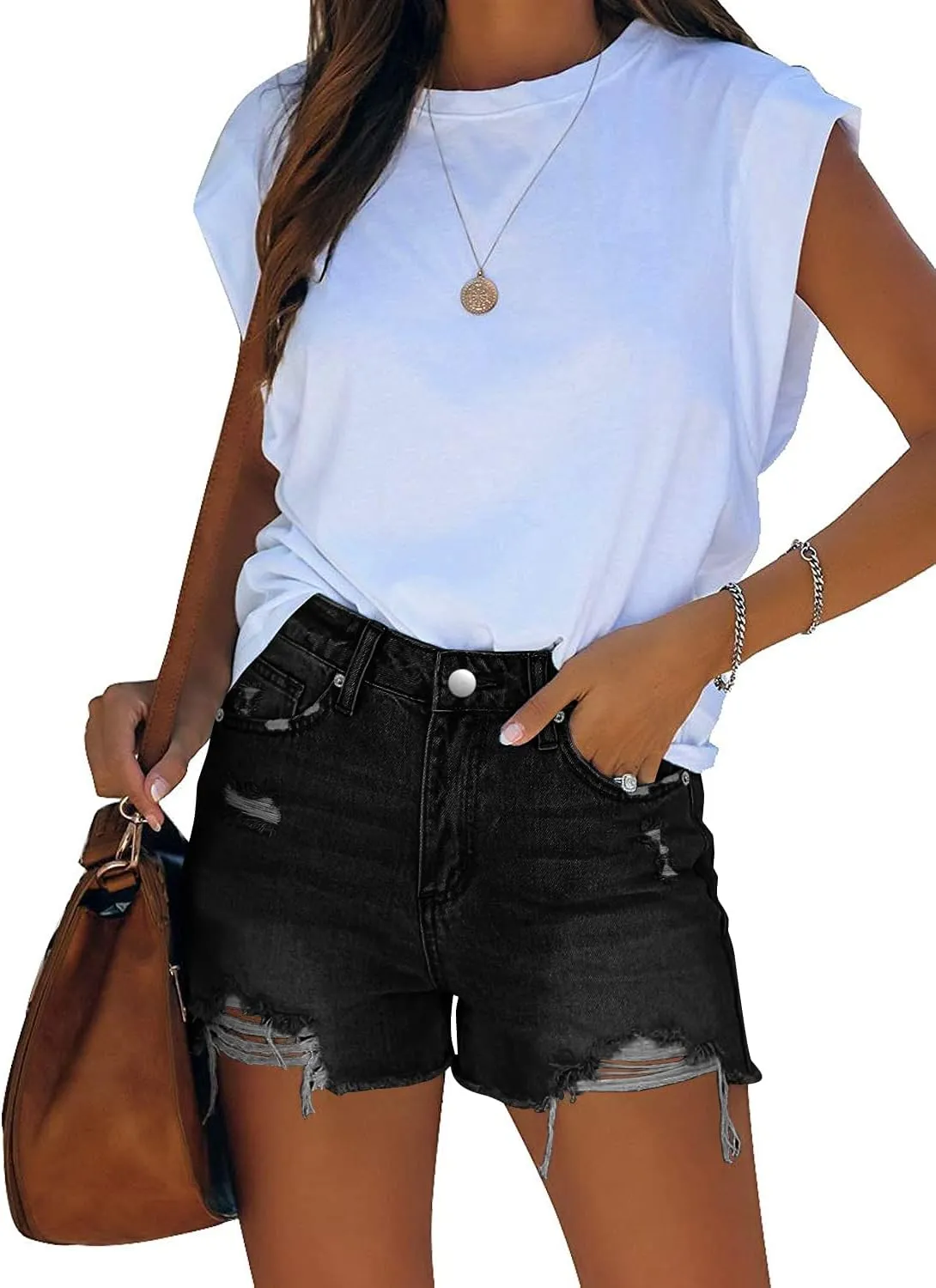 CHICZONE Womens Mid-High Waisted Ripped Denim Jean Shorts Cutoff Stretchy Summer Hot Short Pants