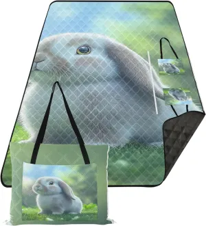 CHIFIGNO Cute Bunny Garden Green Picnic Accessories Foldable Sand Proof Beach Blanket Waterproof Print Outdoor Mat for Camping 80" x 60"