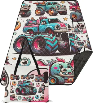 CHIFIGNO Cute Cartoon Monster Trucks no Sand Beach Blanket Waterproof, Floral Grass Mats for Camping Cute Picnic Blanket Foldable, 80" x 60"