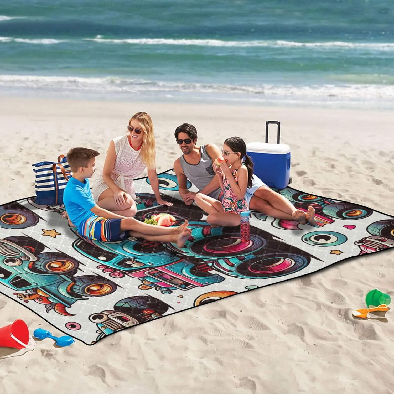 CHIFIGNO Cute Cartoon Monster Trucks no Sand Beach Blanket Waterproof, Floral Grass Mats for Camping Cute Picnic Blanket Foldable, 80" x 60"