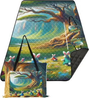 CHIFIGNO Fantasy Bunny Wonderland Forest Sand Free Beach Blanket Waterproof Packable Camping Blanket Cute Picnic Mat Foldable 80" x 60"