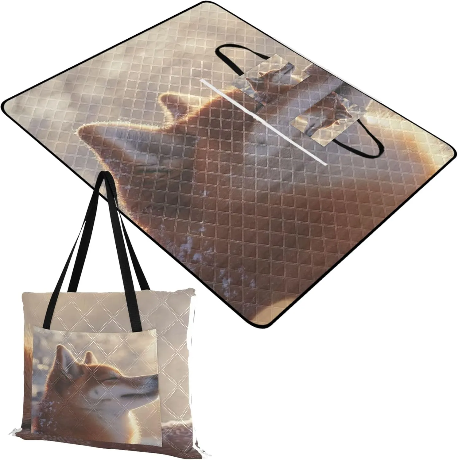 CHIFIGNO Happy Shiba Inu Snowy Moment Picnic Supplies Foldable Mat Beach Blankets Waterproof Sandproof Floral Outdoor Camping Mat 80" x 60"