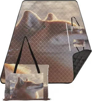CHIFIGNO Happy Shiba Inu Snowy Moment Picnic Supplies Foldable Mat Beach Blankets Waterproof Sandproof Floral Outdoor Camping Mat 80" x 60"