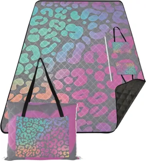 CHIFIGNO Neon Leopard Rainbow Beach Blanket Waterproof Sandproof Cute Picnic Blanket Mat Foldable Lawn Blanket for Grass Mat 80" x 60"